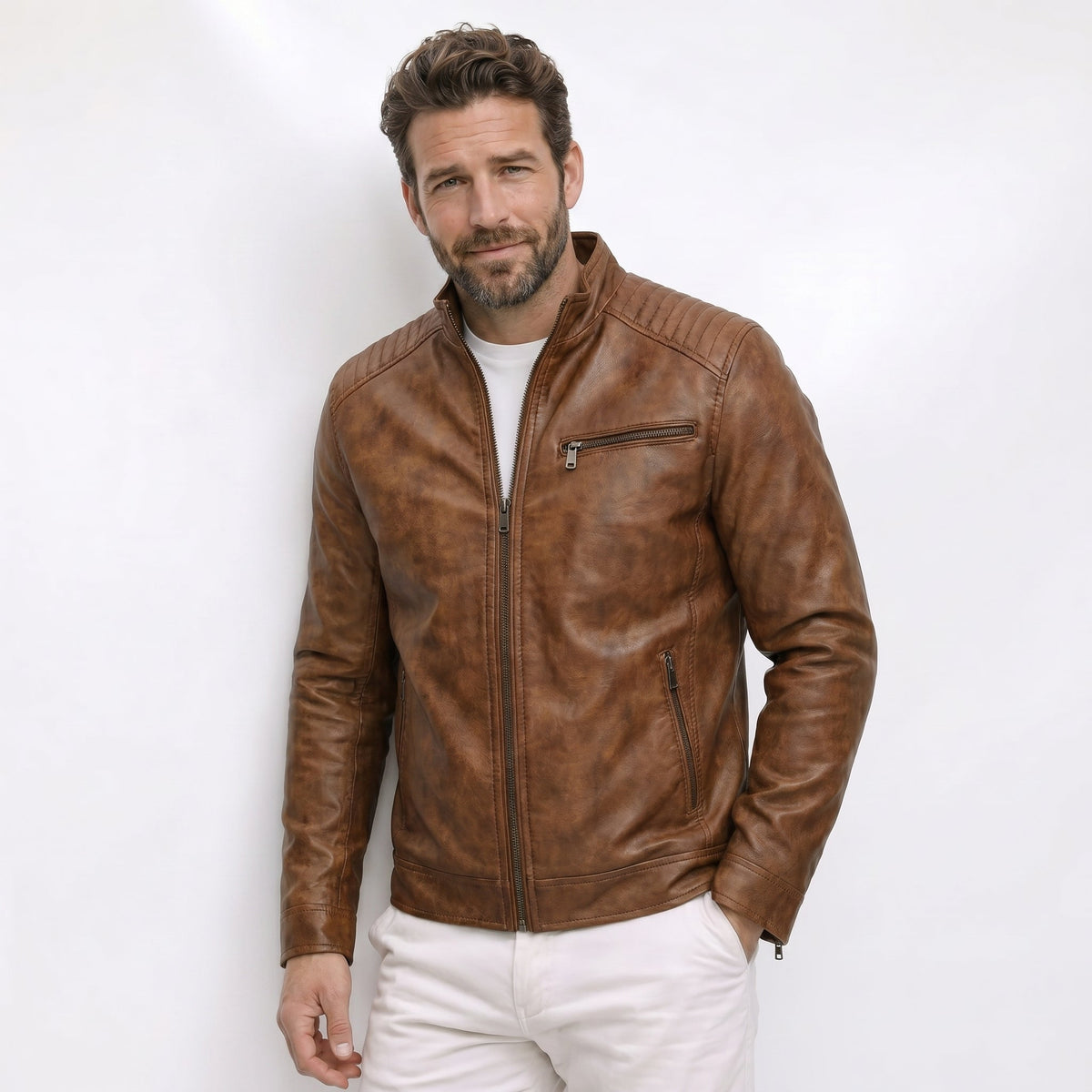 Chaqueta de Cuero Sintético con Cierre de Cremallera