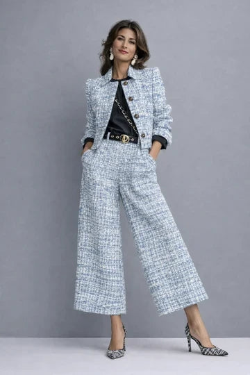 Conjunto de Dos Piezas en Tweed Azul Grisáceo