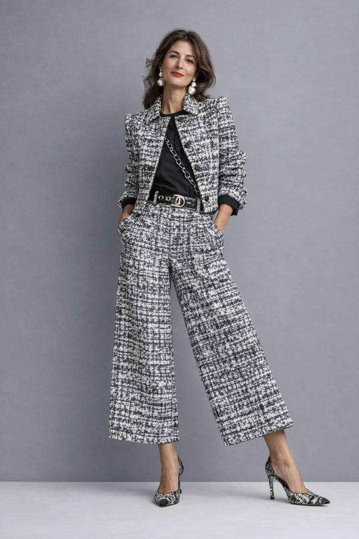 Conjunto de Dos Piezas en Tweed Azul Grisáceo