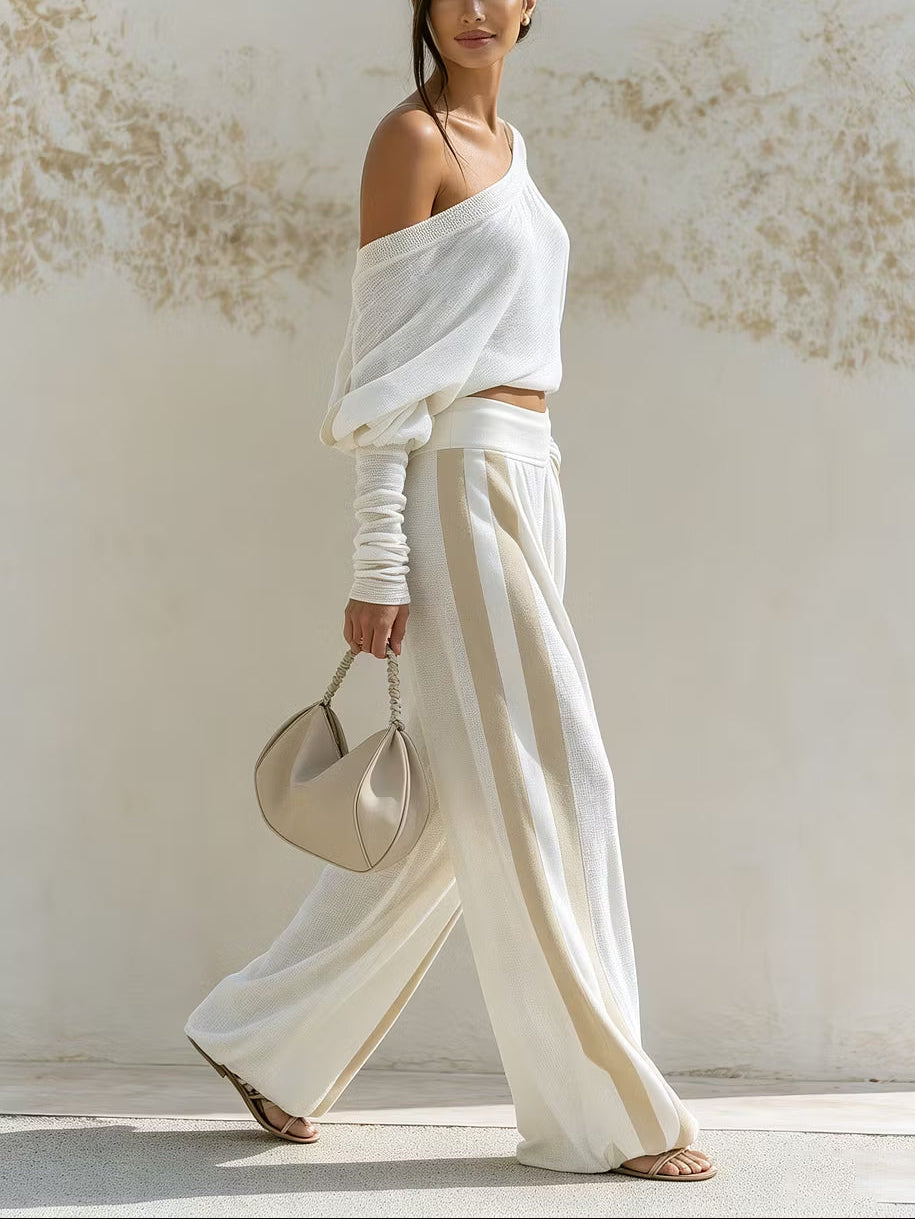Conjunto Casual: Top de Hombros Descubiertos y Pantalón a Rayas con Bloques de Color