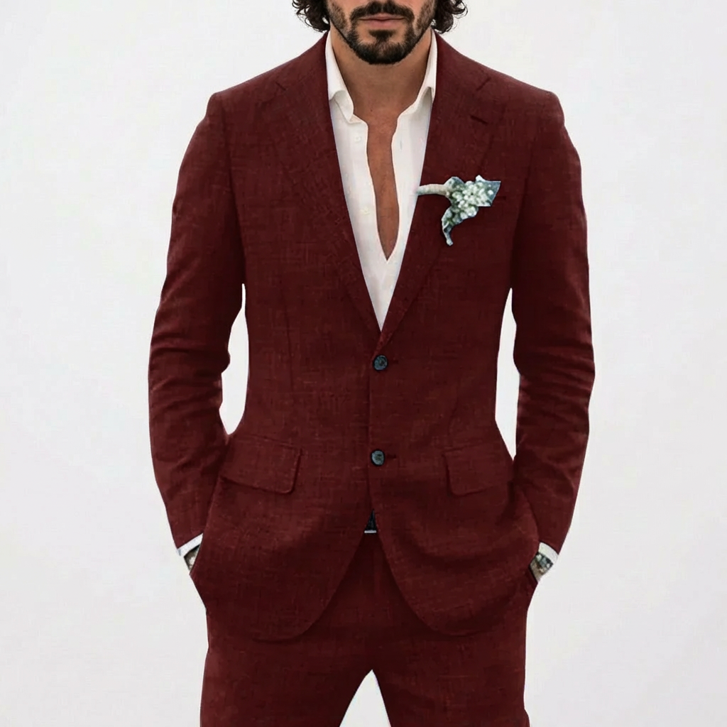Traje de Lino de Corte Relajado con Solapa Clásica