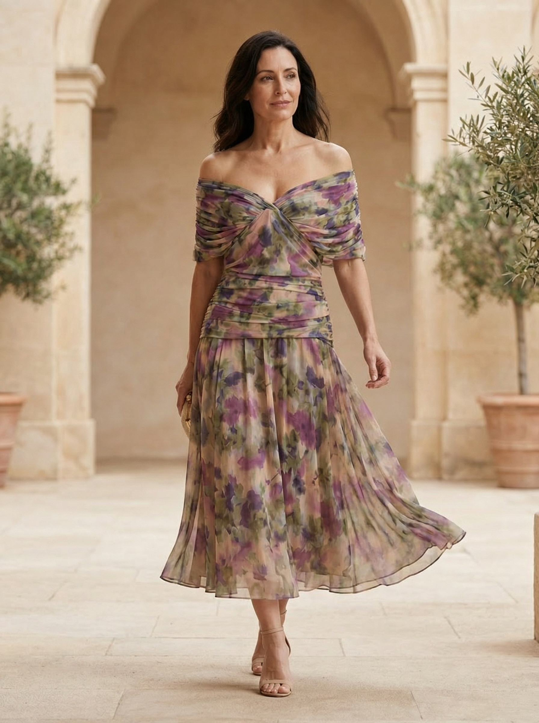 Vestido Largo Elegante de Escote en V y Cintura Plisada en Seda