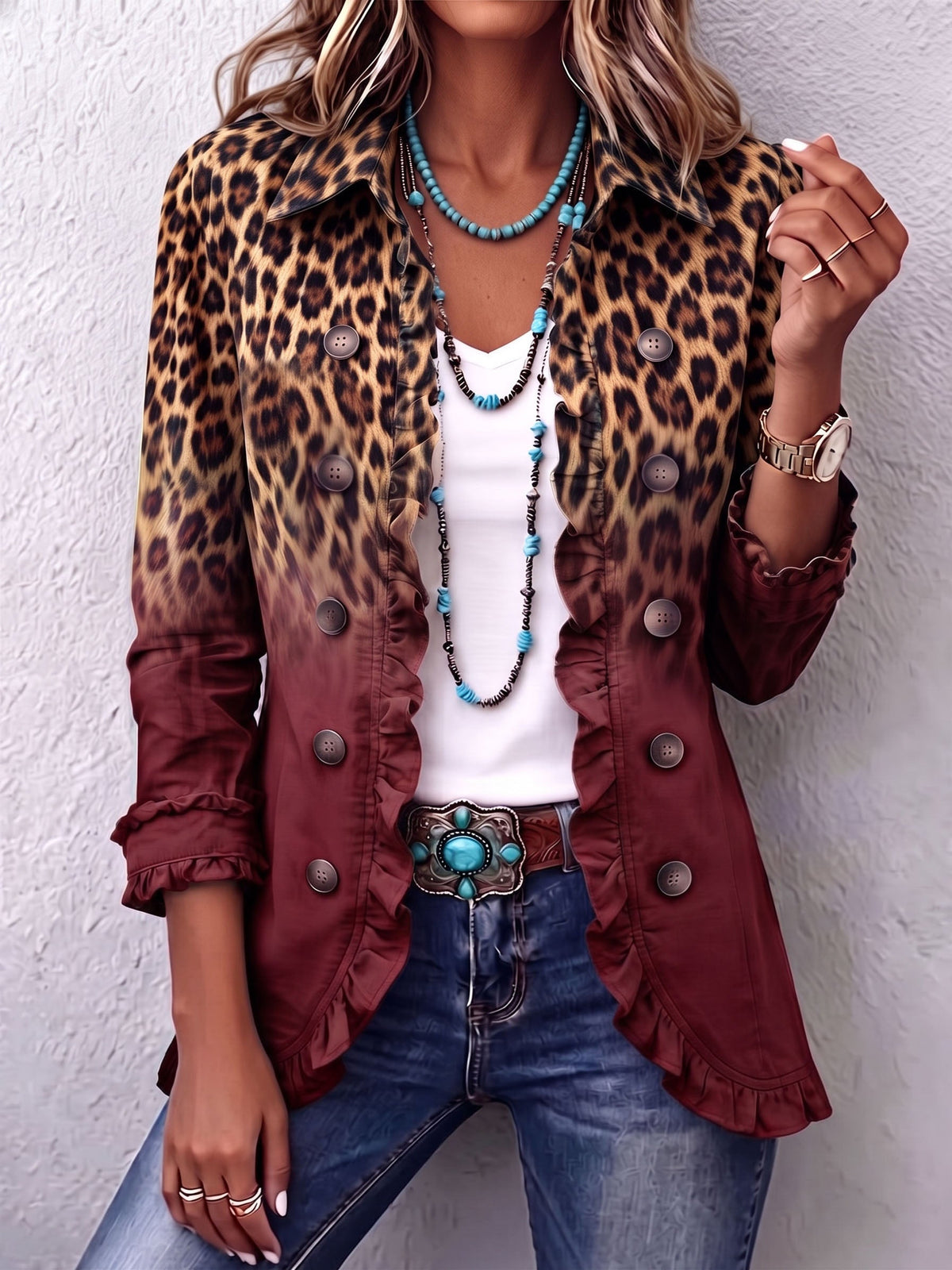 Chaqueta Blazer Leopardo Degradado con Volantes