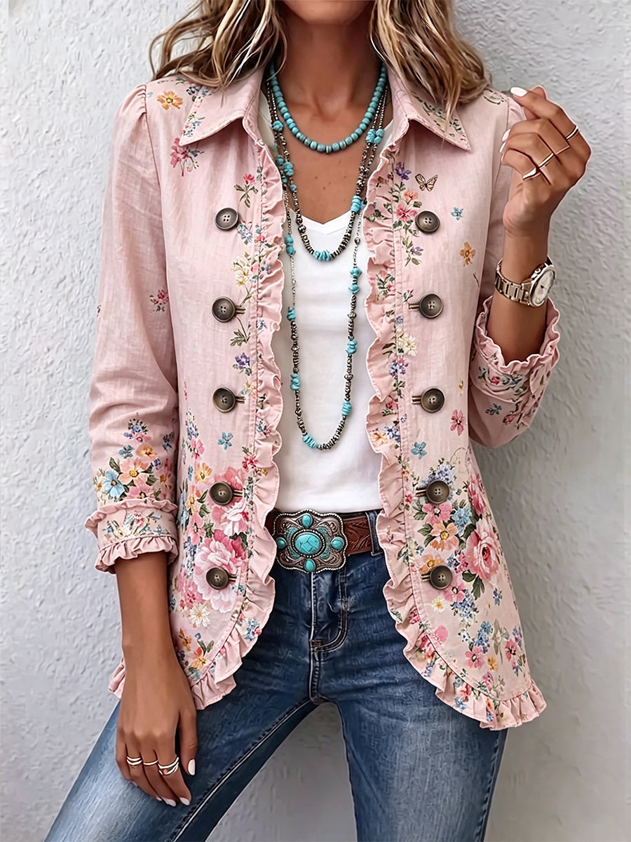 Chaqueta Floral con Volantes y Botones