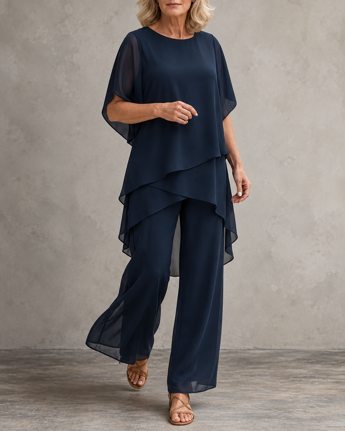 Conjunto de Blusa de Gasa en Capas y Pantalón de Pierna Ancha