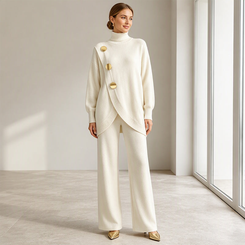 Conjunto de Punto con Jersey de Cuello Alto y Pantalón Ancho