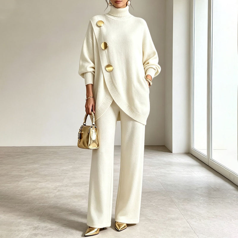 Conjunto de Punto con Jersey de Cuello Alto y Pantalón Ancho