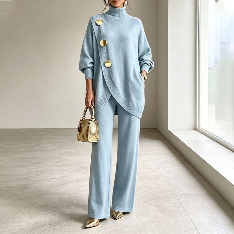 Conjunto de Punto con Jersey de Cuello Alto y Pantalón Ancho