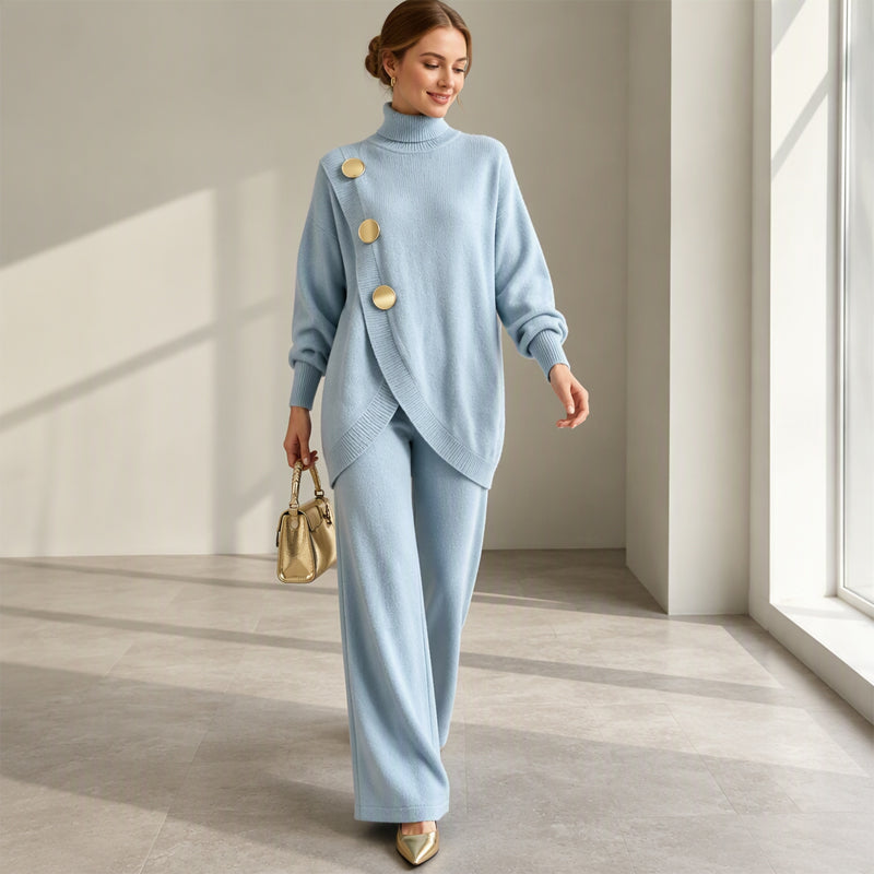 Conjunto de Punto con Jersey de Cuello Alto y Pantalón Ancho