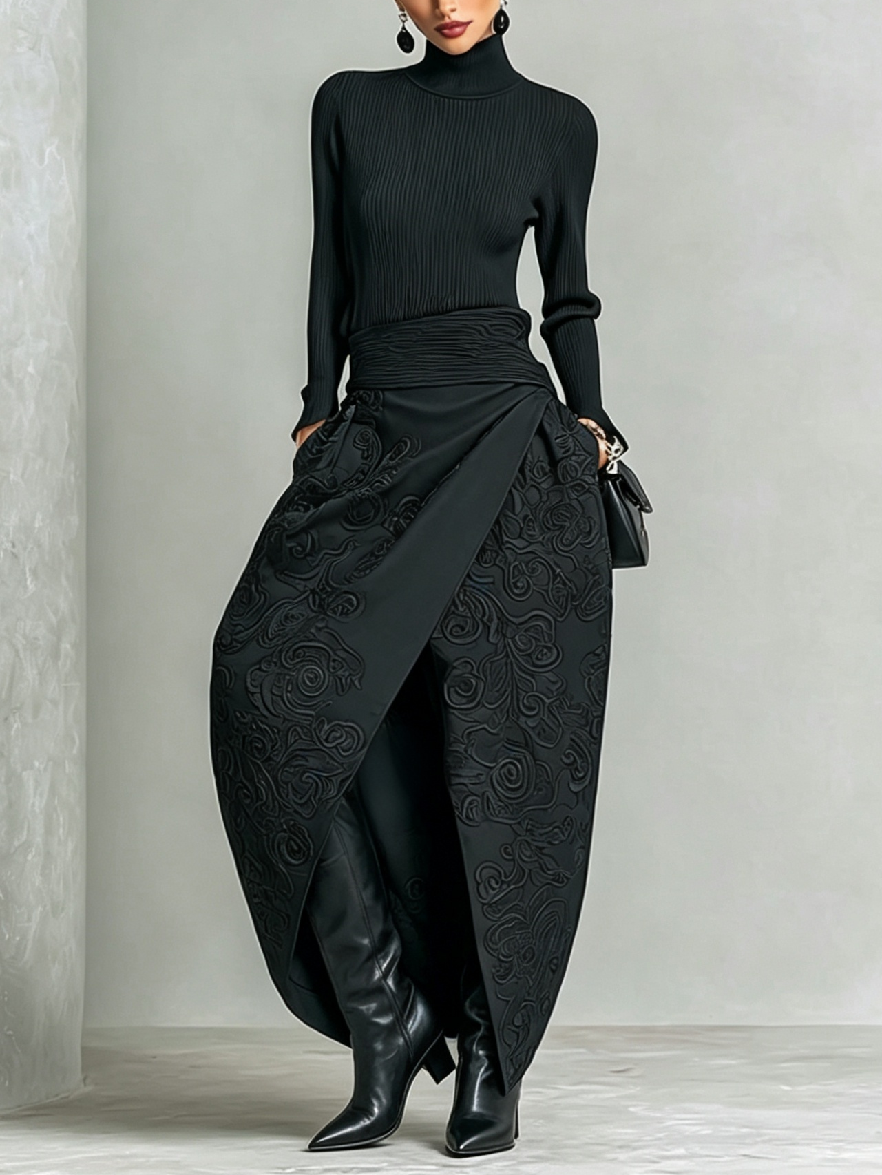 Conjunto de Dos Piezas Negro: Top de Cuello Alto en Punto Canalé y Falda Maxi Cruzada con Relieve Floral