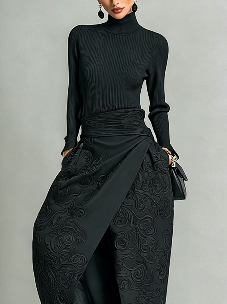 Conjunto de Dos Piezas Negro: Top de Cuello Alto en Punto Canalé y Falda Maxi Cruzada con Relieve Floral