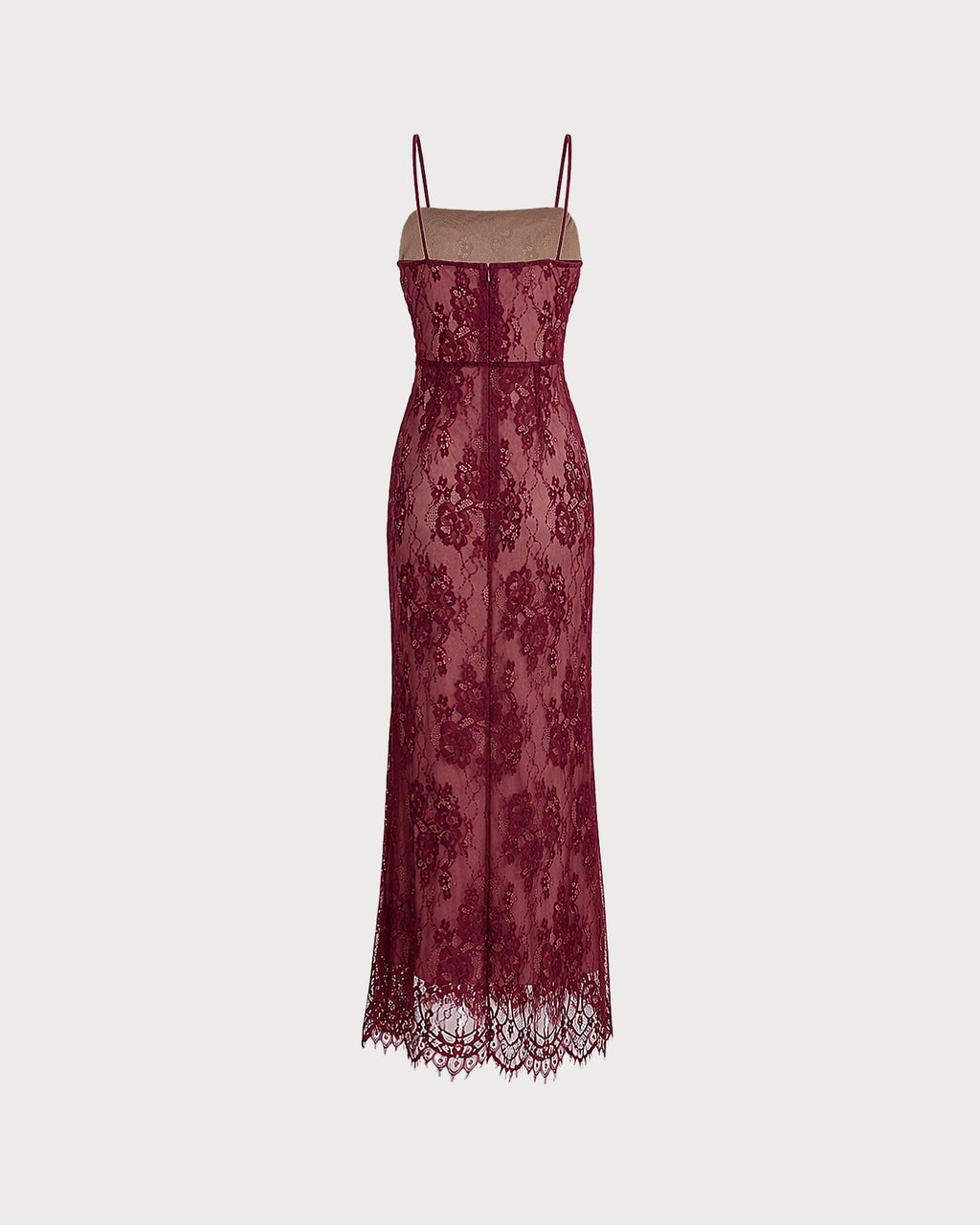 Vestido Maxi de Encaje Vino con Escote Cuadrado y Espalda con Tirantes