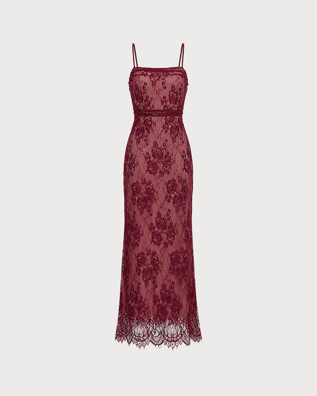 Vestido Maxi de Encaje Vino con Escote Cuadrado y Espalda con Tirantes