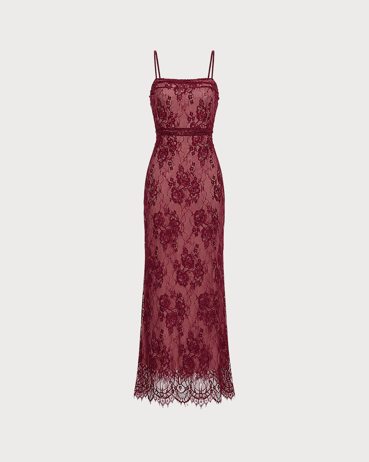 Vestido Maxi de Encaje Vino con Escote Cuadrado y Espalda con Tirantes