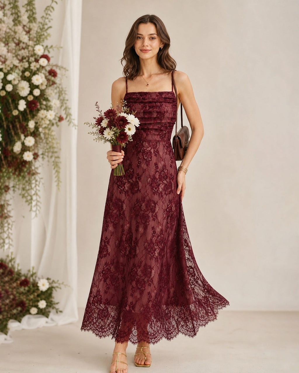 Vestido Maxi de Encaje Vino con Escote Cuadrado y Espalda con Tirantes