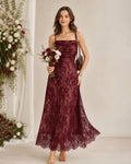 Vestido Maxi de Encaje Vino con Escote Cuadrado y Espalda con Tirantes